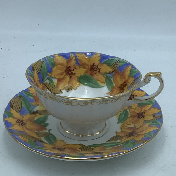 Queen’s England Fine Bone  China Art Deco Blue Teacup and Saucer - Picture 7 of 13